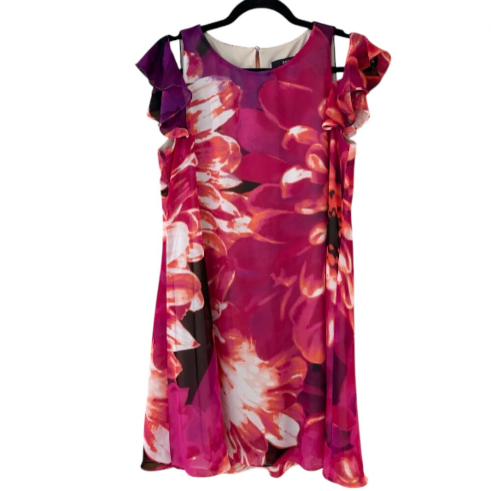 y2K Pink Floral Chiffon Ruffle Sleeve Mini Dress Sz 8 Coquette Girly Kensie